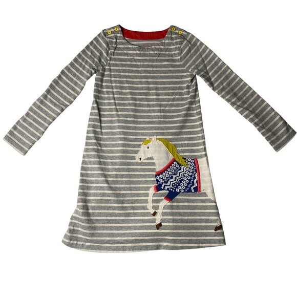 Mini Boden USA Girl Gray White Stripe Appliqué Horse Long Sleeve Dress Sz 9-10Y - Picture 1 of 5